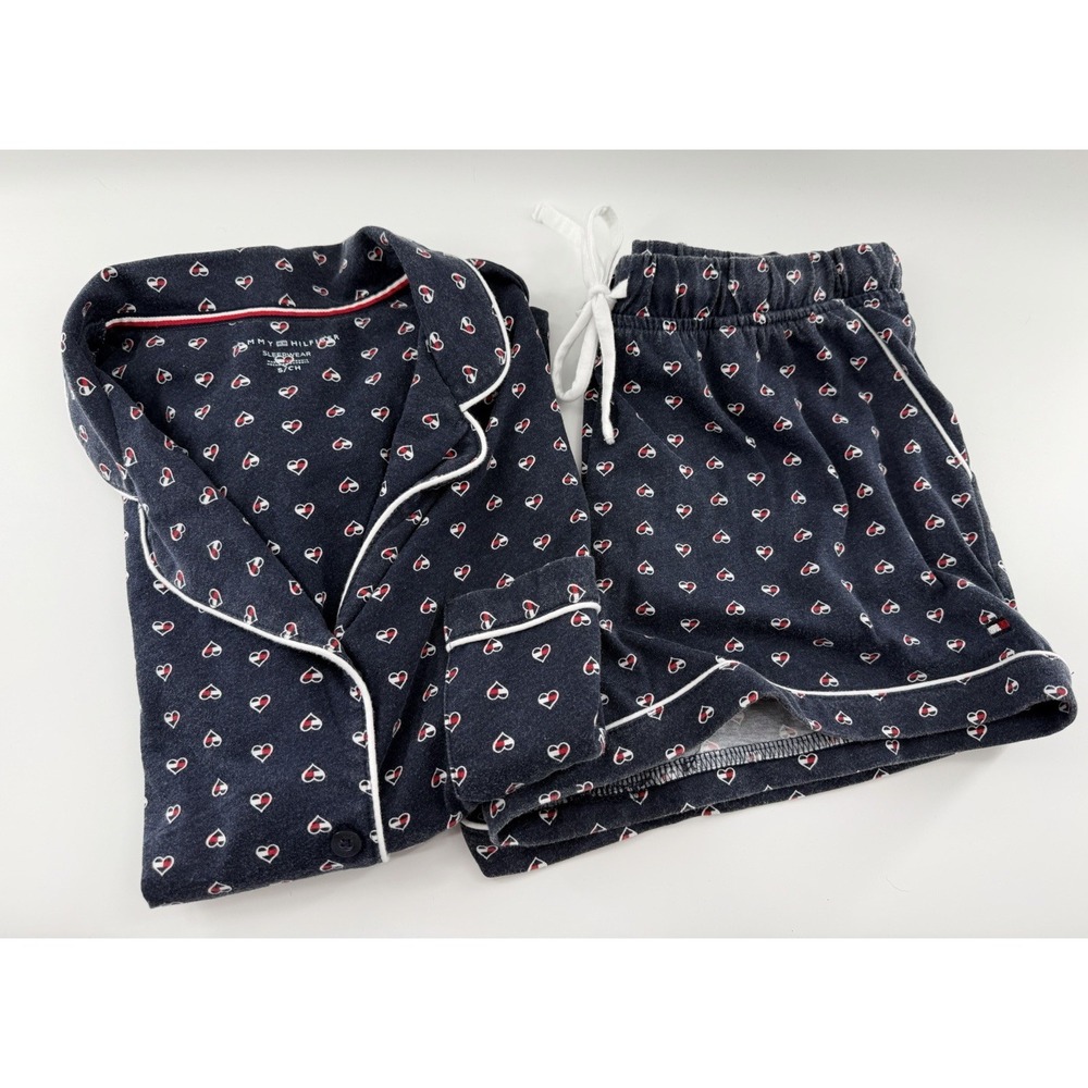 Tommy Hilfiger Sleep Shirt Womens Small Blue Red Shirt & Shorts Pajama Set Heart